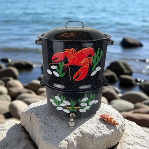 Vintage Speckled Black Seafood Lobster Crab Clam Broth Steamer  3 Pieces